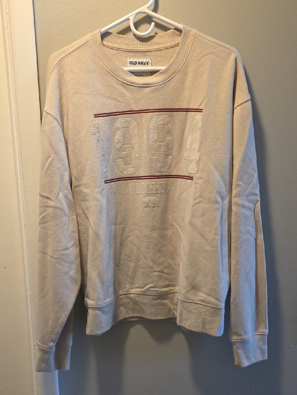 Old Navy Men's Cream Crewneck Sweatshirt with Red Accents